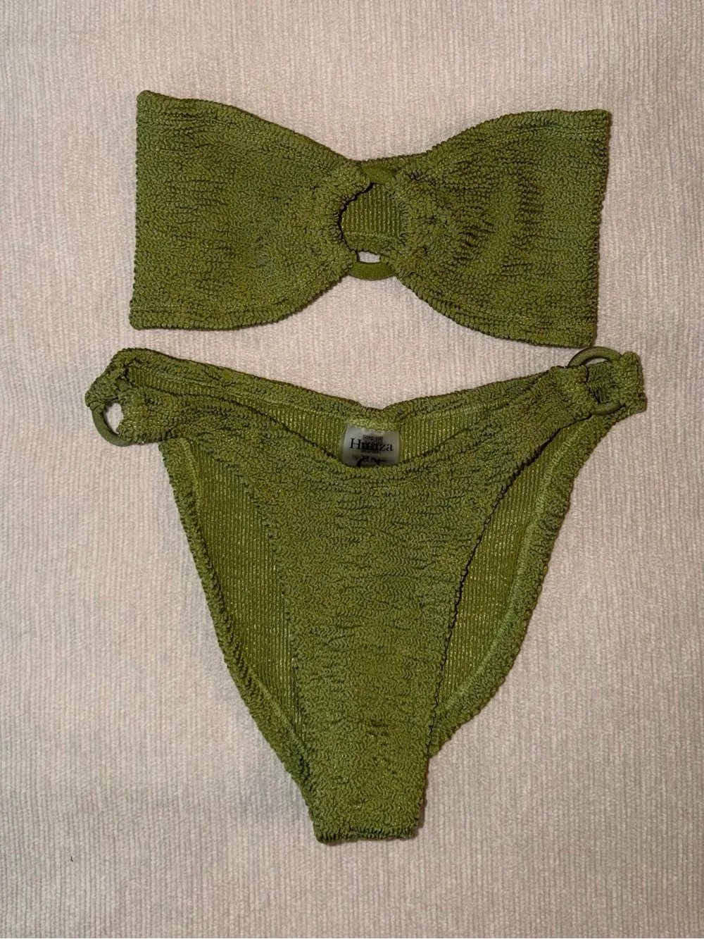 New Hunza G Green Gloria Bikini Set Swimwear One Size Metallic Moss Crinkle